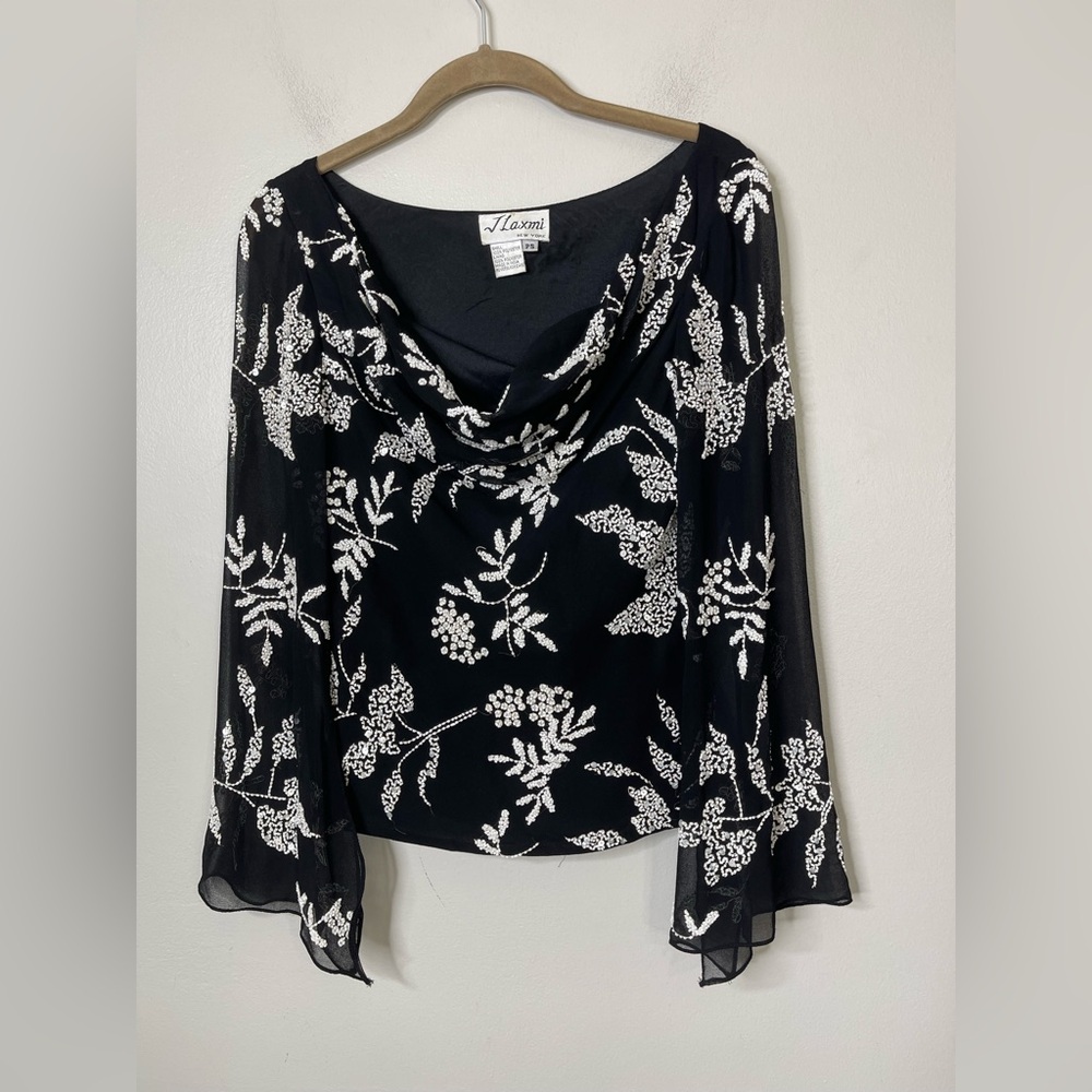 J LAXMI Vintage fairy Grunge Goth Beaded Sequin Sheer Black Cowl Neck Blouse PS